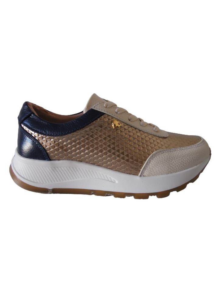 Tenis Tipo Sneakers En Cuero Para Mujer Calzado Guerreros Lf 001 Crema X Dorado