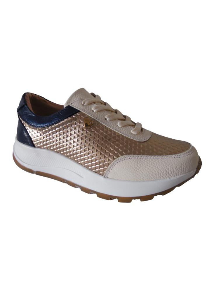 Tenis Tipo Sneakers En Cuero Para Mujer Calzado Guerreros Lf 001 Crema X Dorado