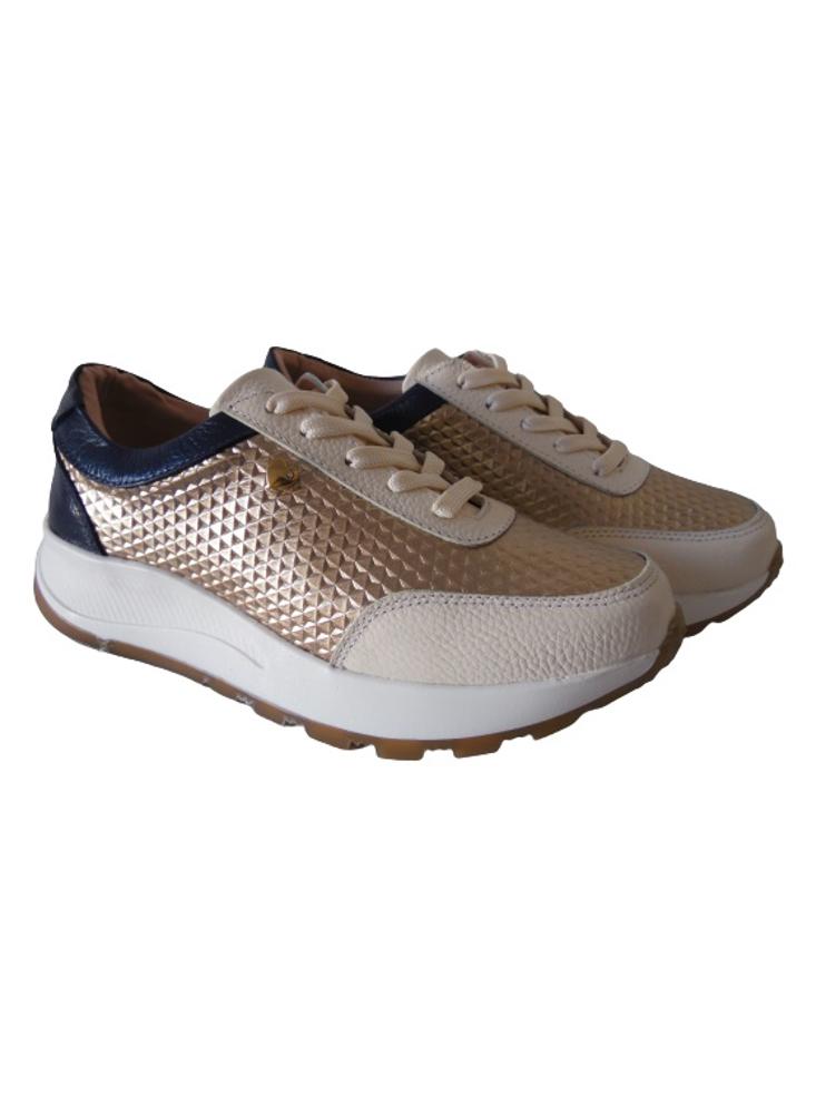 Tenis Tipo Sneakers En Cuero Para Mujer Calzado Guerreros Lf 001 Crema X Dorado