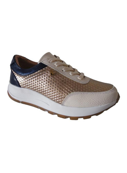 Tenis Tipo Sneakers En Cuero Para Mujer Calzado Guerreros Lf 001 Crema X Dorado