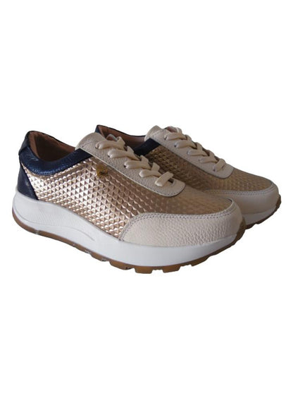 Tenis Tipo Sneakers En Cuero Para Mujer Calzado Guerreros Lf 001 Crema X Dorado